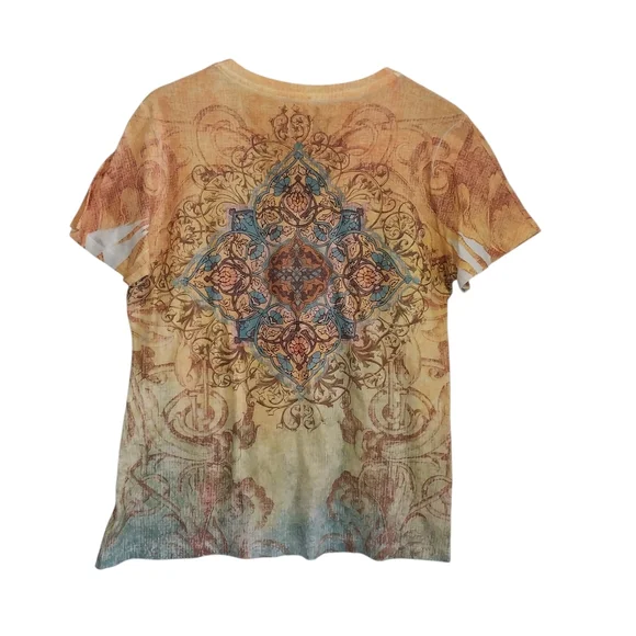 Kiara Size XL Multi Colored V-Neck Short Sleeve Embellished Boho Y2K Style Top - Picture 9 of 9